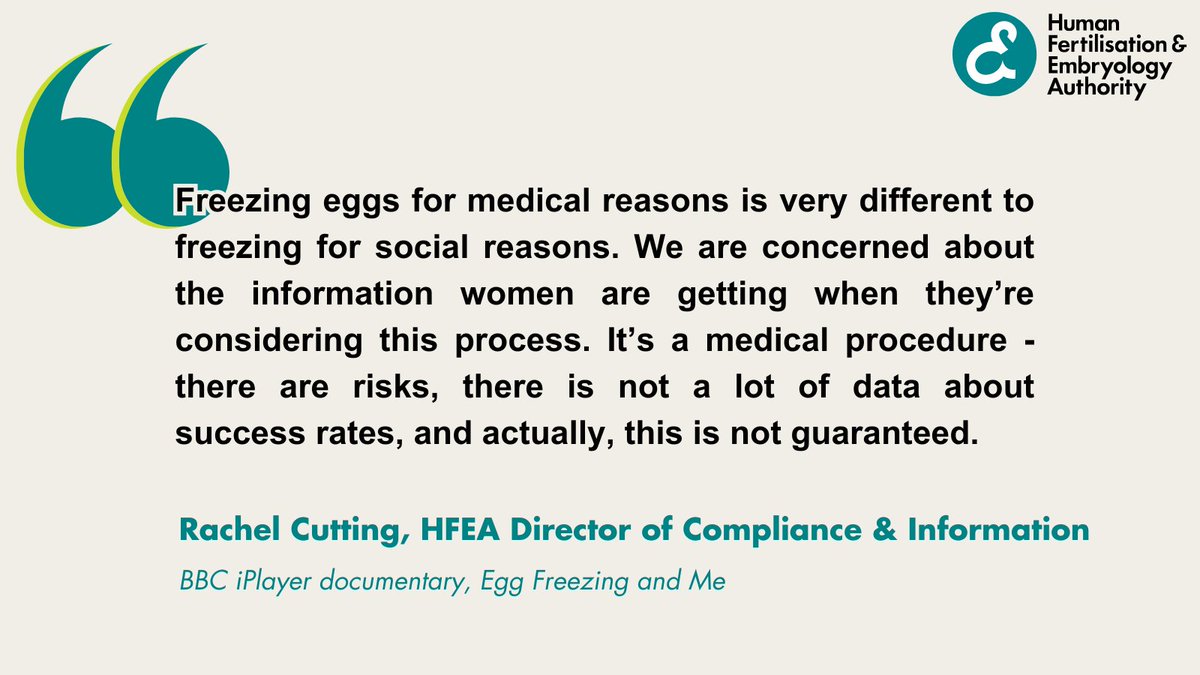 Rachel Cutting, HFEA Director of Compliance & Information, recently featured on the BBC iPlayer documentary 'Egg Freezing and Me'. If you're considering freezing your eggs, we recommend visiting our website for free & impartial information: bit.ly/HFEAEggFreezing #EggFreezing