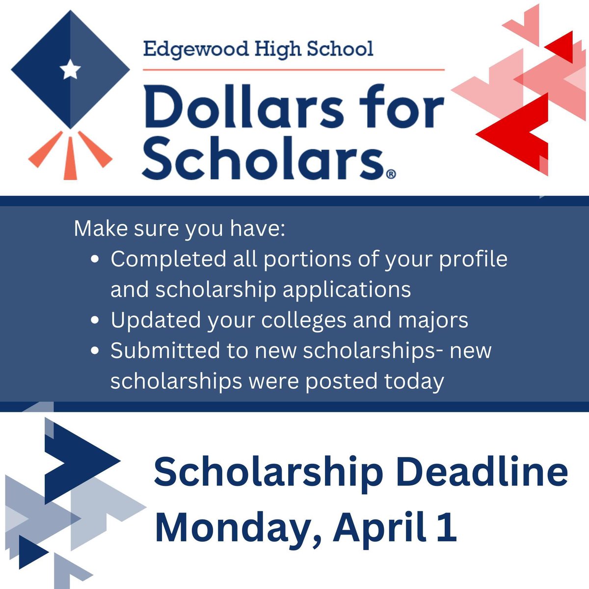 💥Edgewood High School Seniors💥 The Dollars for Scholars scholarship deadline is Monday, April 1!
