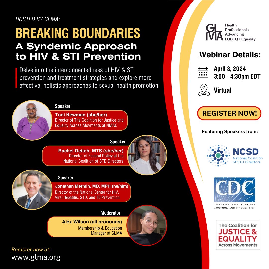 Upcoming webinar: Breaking Boundaries - A Syndemic Approach to HIV & STI Prevention. Hear experts from the @cdcgov, @NMACCommunity & @ncsddc discuss the interconnected strategies for HIV and STI treatment and prevention. Join us on 4/3, 3-4:30pm ET. loom.ly/ziA9sRM