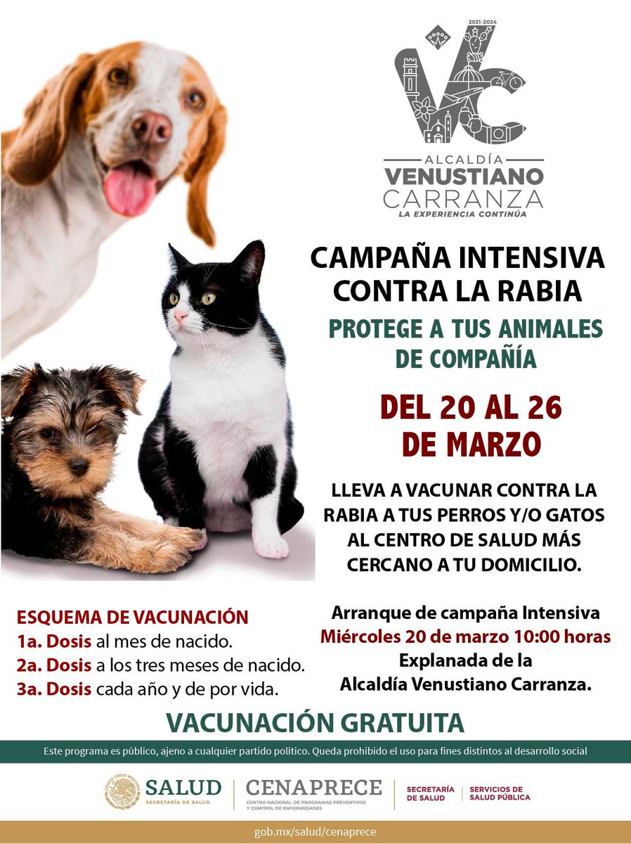 Las mascotas 🐕🐈 son miembros importantes en nuestra familia, por eso en conjunto con la Secretaría de Salud 🏥traemos para ti la campaña de vacunación gratuita 💉contra la rabia. 📍Explanada de la Alcaldía