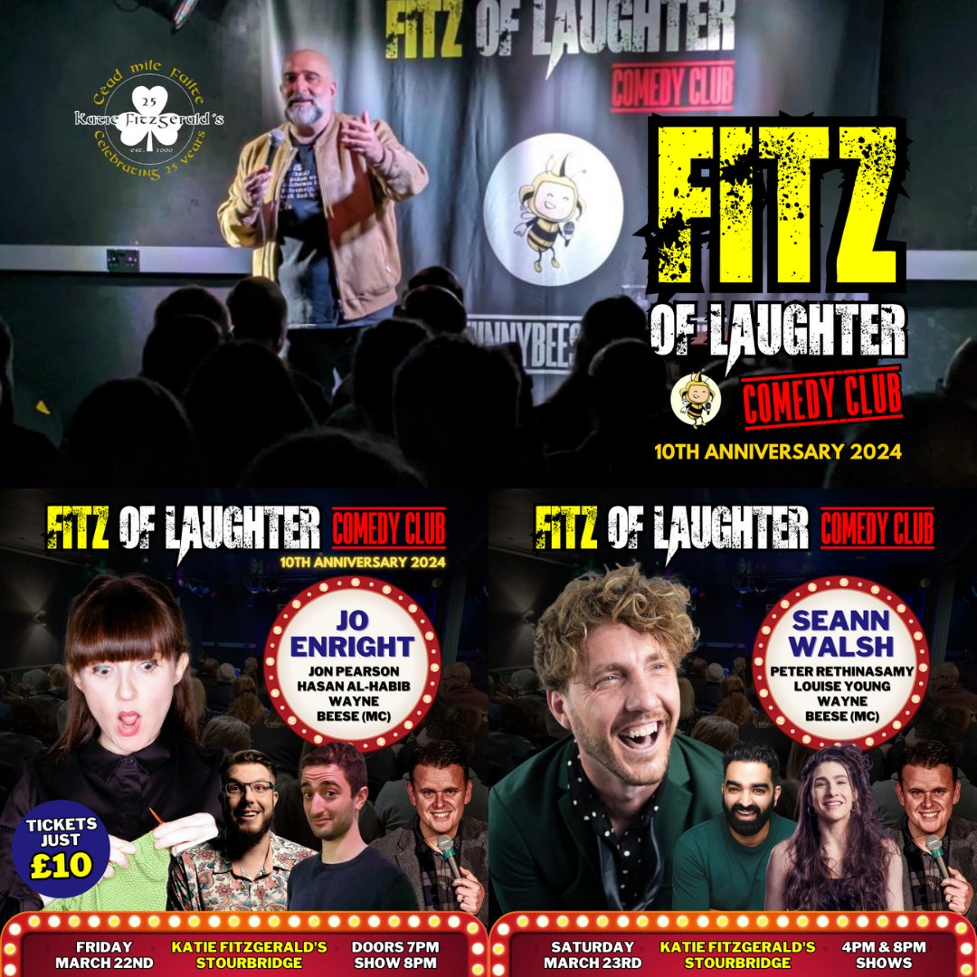 10th anniversary celebrations for Fitz of Laughter Comedy Club in Stourbridge start this weekend....with a £10 ticket offer for Friday night! Only 20 tickets left, and we're fast running out for Saturday too, so get in quick! Book your tickets now at funnybeeseness.co.uk