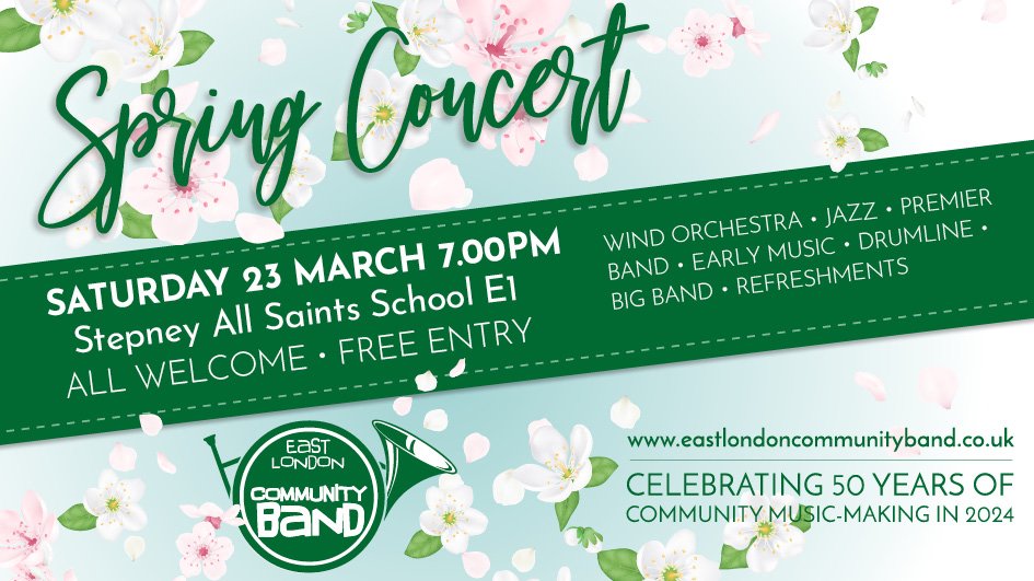 FREE CONCERT! 🥁🎺SAT 23RD MARCH, 7-9PM 
Stepney All Saints School, E1

Concert Band/Jazz Bands/Drumline/Early Music/Premier Band

Refreshments–all welcome
@AAF1895 @CoopersCompany @VickyParkFriend @RomanRoadLDN @ELAdvertiser @MakingMusic_UK @ace_national @Portal_Trust @jazzfm