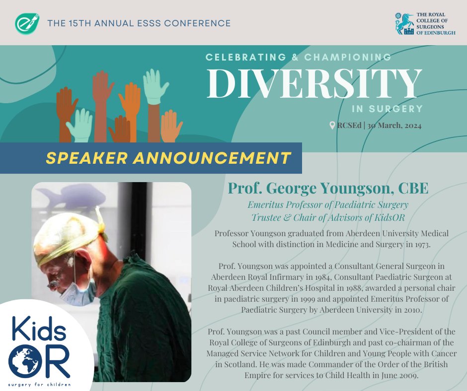 📢 Introducing Prof. George Youngson who will deliver a talk entitled 'Celebrating & Championing Diversity in Surgery' at the ESSS 15th Annual Undergraduate Surgery and Trauma Conference! Join us on March 30th, RCSEd. share.medall.org/events/esss-15… #ESSS2024