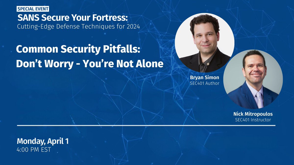 Don't miss @bryanonsecurity and @mitropoulosnick's talk at the SANS Secure Your Fortress event! They'll be discussing common cybersecurity pitfalls and how to avoid them.

Register here ➡️ buff.ly/3P2wWaE 

#SANSCyberDefense