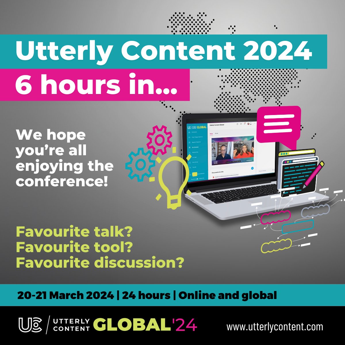 utterlycontent's tweet image. Time flies!
We're over a quarter of the way through Utterly Content already. We hope you're having a wonderful time.
We'd love to know... what has been your favourite talk, tool, discussion so far?
#UtterlyContent24