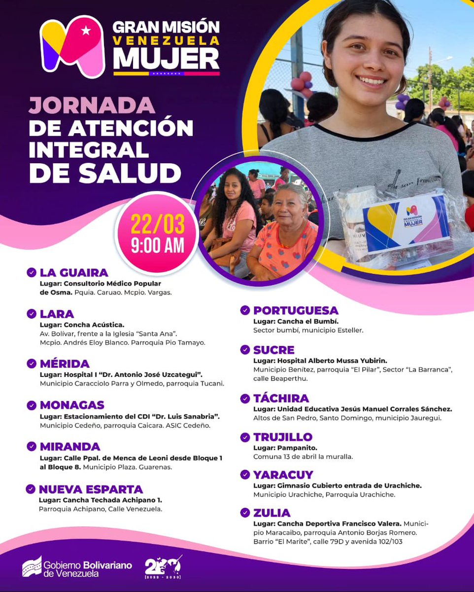 Este #22Mar tendremos una nueva Jornada Nacional de Atención Integral en #Salud de la <a href="/mvenezuelamujer/">Gran Misión Venezuela Mujer</a> con ginecología, nutrición, ecografía, entrega de medicamentos, parto humanizado, odontología, inmunización, entre otros #ÉpocaDeTransformación <a href="/NicolasMaduro/">Nicolás Maduro</a> <a href="/DhelizAlvarez/">Dheliz Álvarez</a>