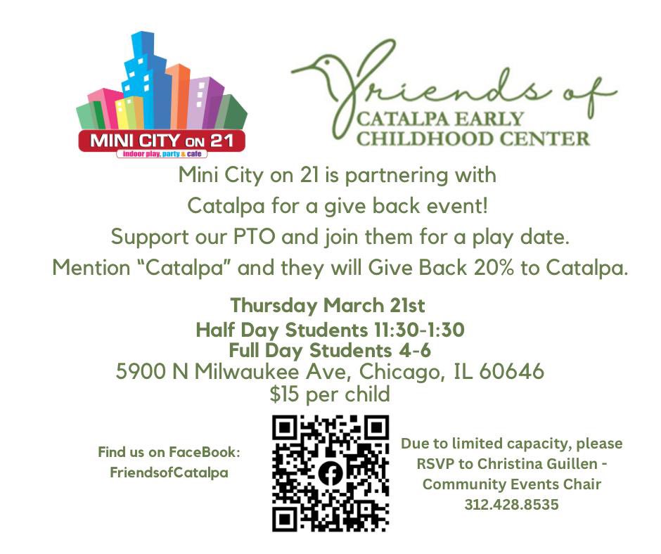Looking for a way to meet other Catalpa families and have some fun? Then the play date at Mini City is for you! Please see the info below to save your spot.