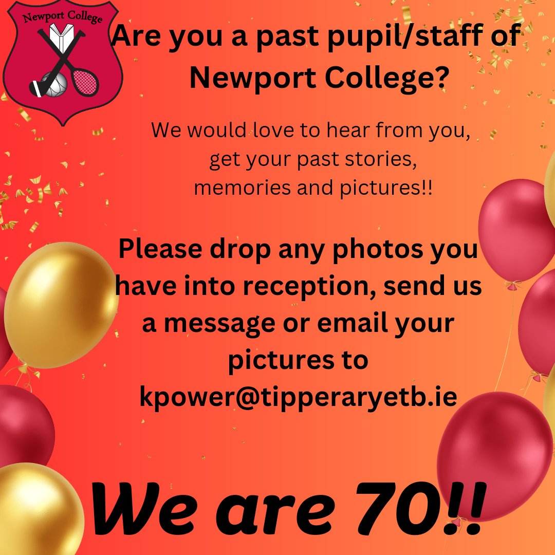 NewportCollege's tweet photo. Are you a past pupil/staff member of Newport College? The school is 70 this year and we want to celebrate with you. If you have any pictures you would like to share with us, please send us a message, drop them into the school reception or send them to kpower@tipperaryetb.ie! https://t.co/HMW22OUAM4