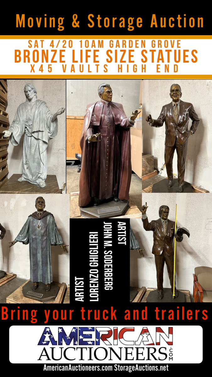 These life-size bronze statues were commissioned at a cost of hundreds of thousands of dollars they are by listed artist Lorenzo Ghiglieri and John M Soderberg The statues, formally from Crystal Cathedral in Garden Grove California are being sold for storage. These statues along