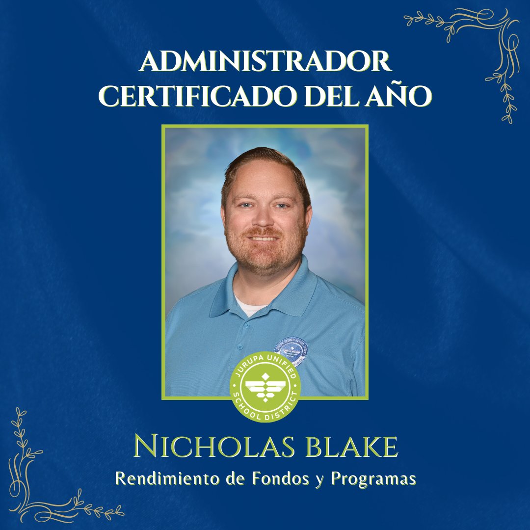 💫Join us in congratulating our 2023-2024 Jurupa Unified School District Employees of the Year!

Today we honor our certificated administrator of the year:
Nicholas Blake, Funding &amp; Program Accountability 📝