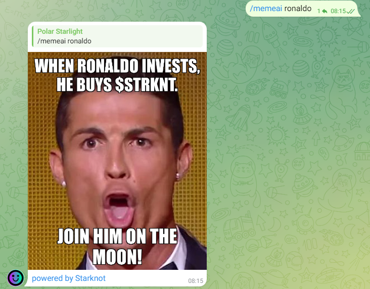 starknot_token's tweet photo. /memeai ronaldo
#MemeNotAI #MemeNot https://t.co/5Yel2u9Ft7
