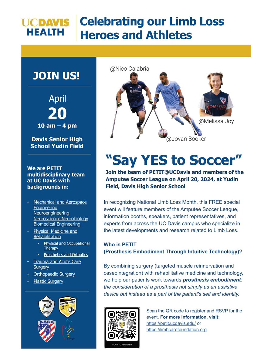 Join us 4/20 10am-4pm to celebrate Limb Loss Month with a day of soccer, speakers & information booths at Davis Yudin Feild. See members of the Amputee Soccer League & learn about the latest technology/advances related to limb loss @UCDavis @UCDavisHealth #limbloss @sacstate