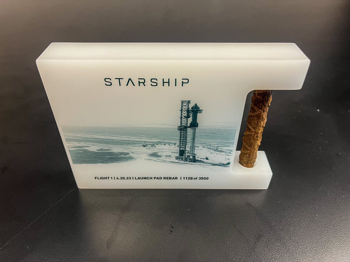 MoonManX22's tweet photo. On 4/20/23 Starship became the most powerful rocket ever flown. Hard work pays off. Now I own a piece of that historic moment. #IFT1 #Starship #SpaceX https://t.co/hZdtnDuM8q