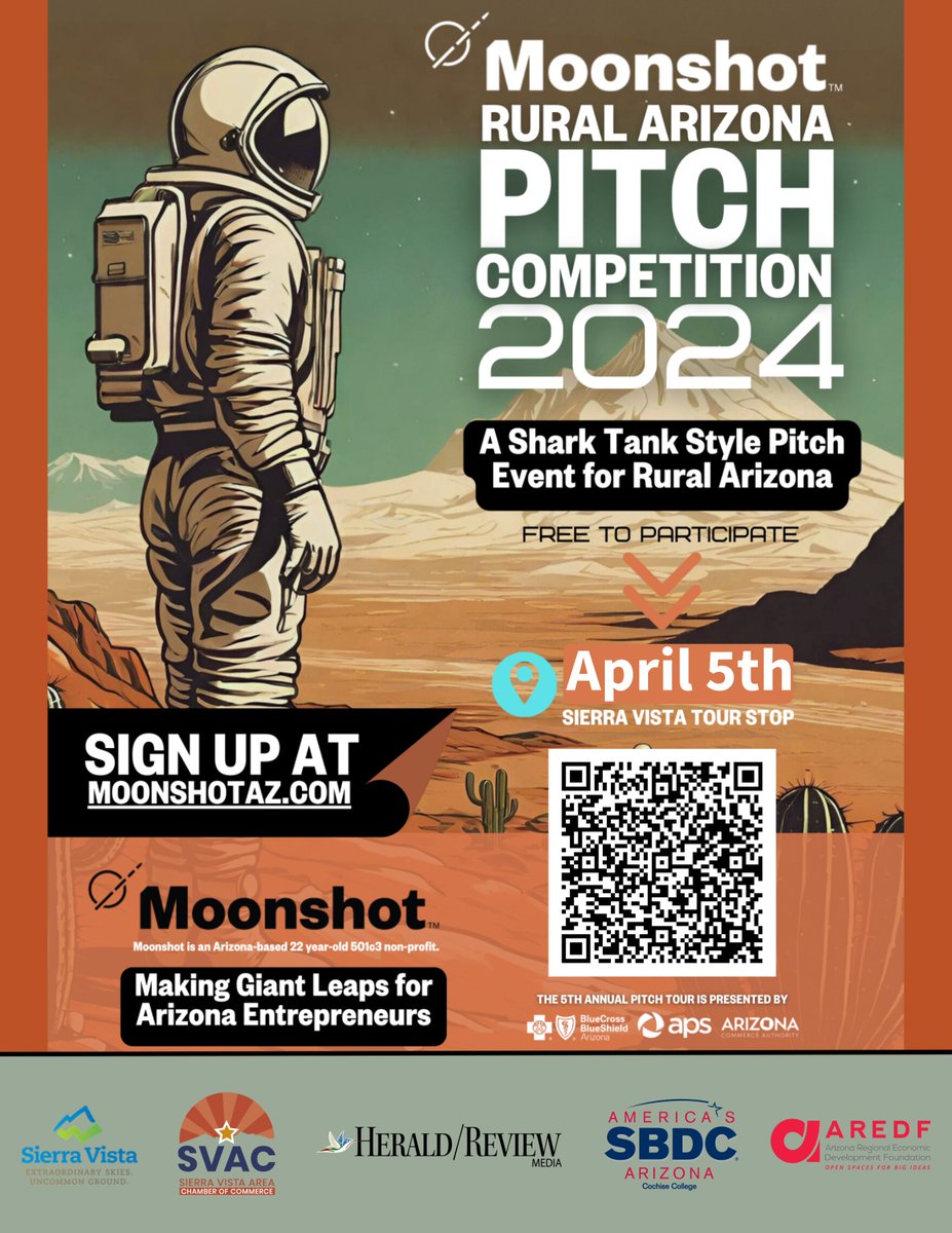 SBDCSV's tweet image. 🌟Get ready for Cochise County Moonshot Rural Pitch Competition 2024!🚀Elevate your entrepreneurial journey! Craft pitches, secure funding, and network locally. Don't miss out! Save the date: April 5th. Register now: docs.google.com/forms/d/e/1FAI…🌠