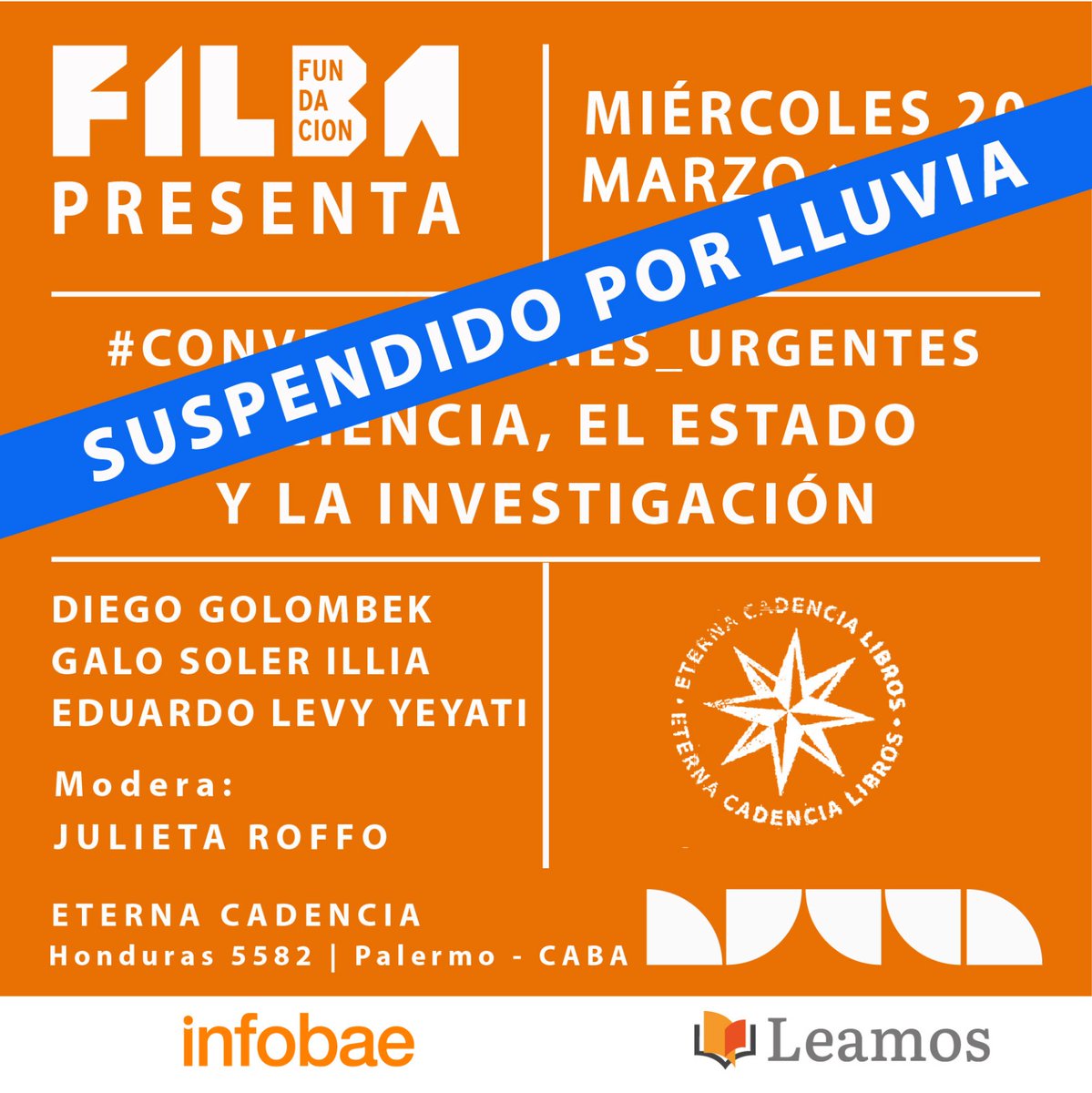 FundacionFilba's tweet photo. 🔴⏰¡Atención! Por las condiciones climáticas extremas suspendemos la actividad de esta tarde. En breve, anunciamos nueva fecha 🔜 https://t.co/ia5hdKjvzR