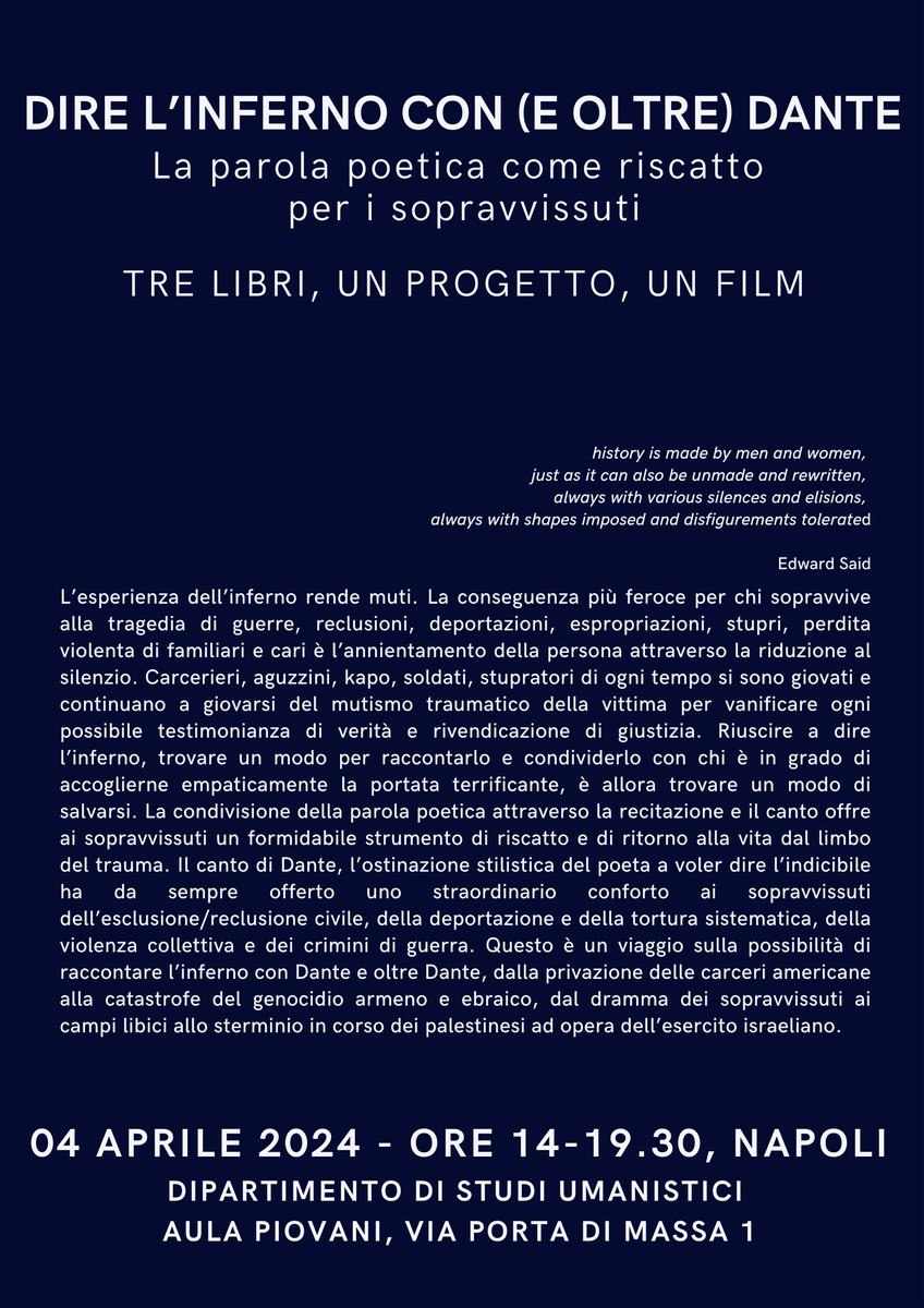 “Dire l’inferno. Tre libri, un progetto, un film” / “Telling about hell. Three books, a project, a movie” - Napoli 04.04.24 - 2.00 to 7.30 pm  #thehuntingaccident #gazawritesback #eghishecharents  #lechantdesvivants #vocidallinferno