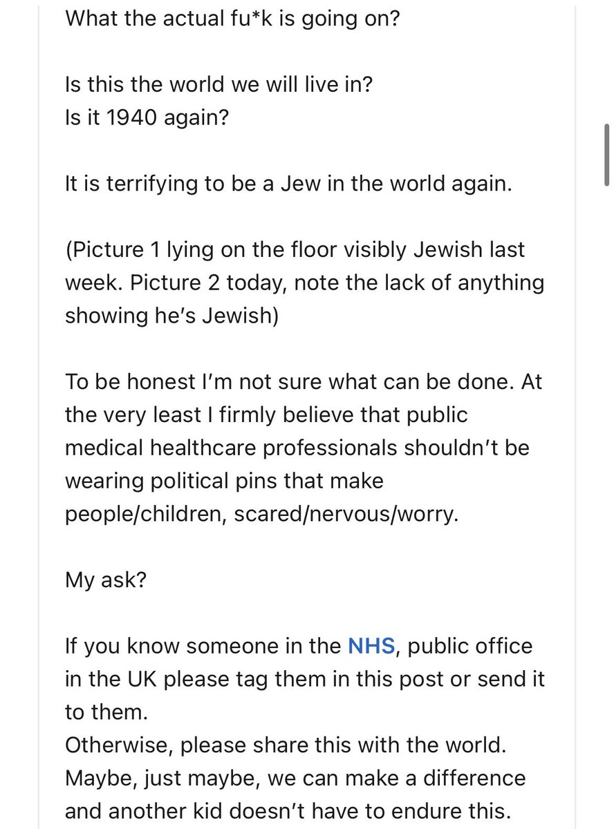 I’ve just read an account of the horrendous discriminatory experiences of a young Jewish boy, and as seen here a fellow @ManUtd fan, receiving appalling treatment in Royal Manchester Children’s Hospital. His uncle asks here, WTAF is going on? @AndyBurnhamGM @MayorofGM…