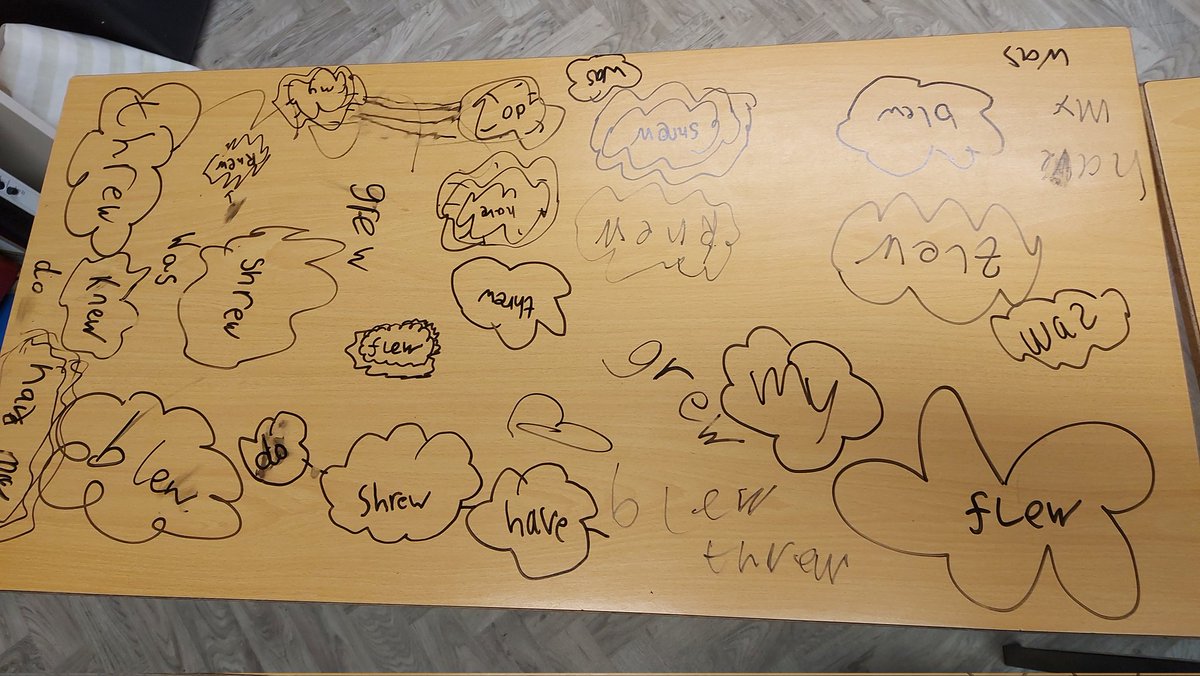 A P3 group had fun practising the 'ew' sound and some common words. Musical spelling....when the music stops, find a space and write the target word. @MrsJohnsonCPS