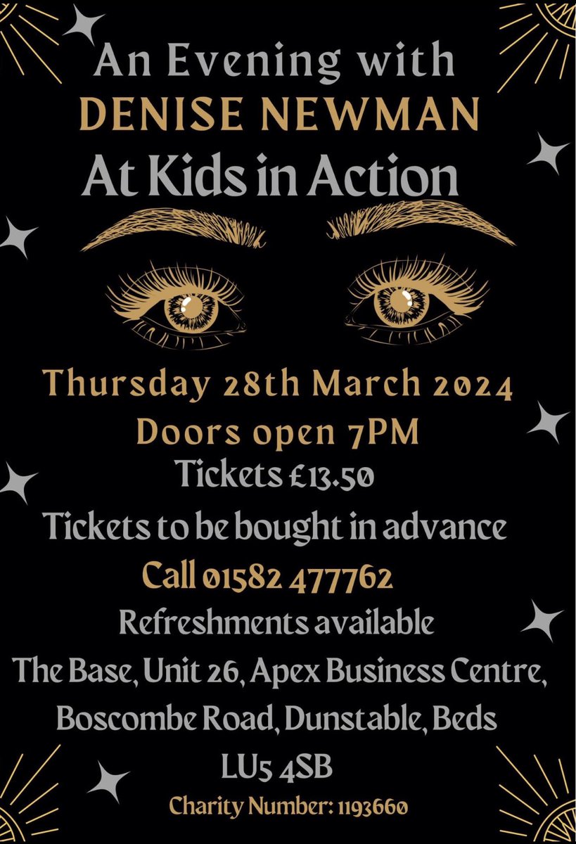 Our next evening with Denise Newman is on Thursday 28th March!!! Please call 01582 477762 to book your tickets! #kidsinaction #DeniseNewman #clairvoyant #helpustohelpthem