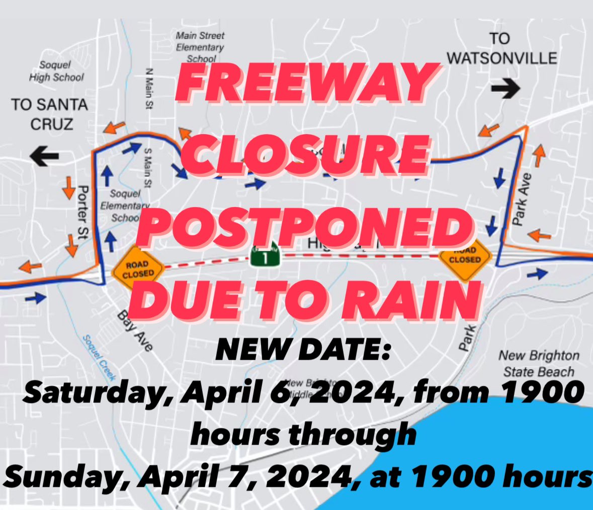 🚧🚧The full freeway closure on Highway 1 originally planned for this weekend has been postponed due to rain. The new dates are set for Saturday, April 6, 2024, from 1900 hours until Sunday, April 7, 2024, at 1900 hours.