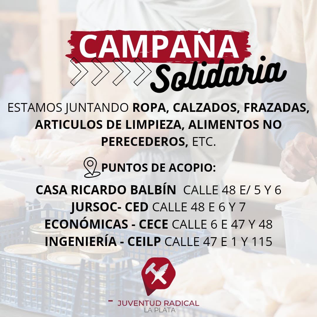 CAMPAÑA SOLIDARIA frente al temporal

👉 Desde la Juventud Radical de La Plata estamos trabajando en conjunto para recibir donaciones y así poder ayudar a nuestros/as vecinos/as que fueron afectados por las fuertes tormentas de ayer y hoy.
