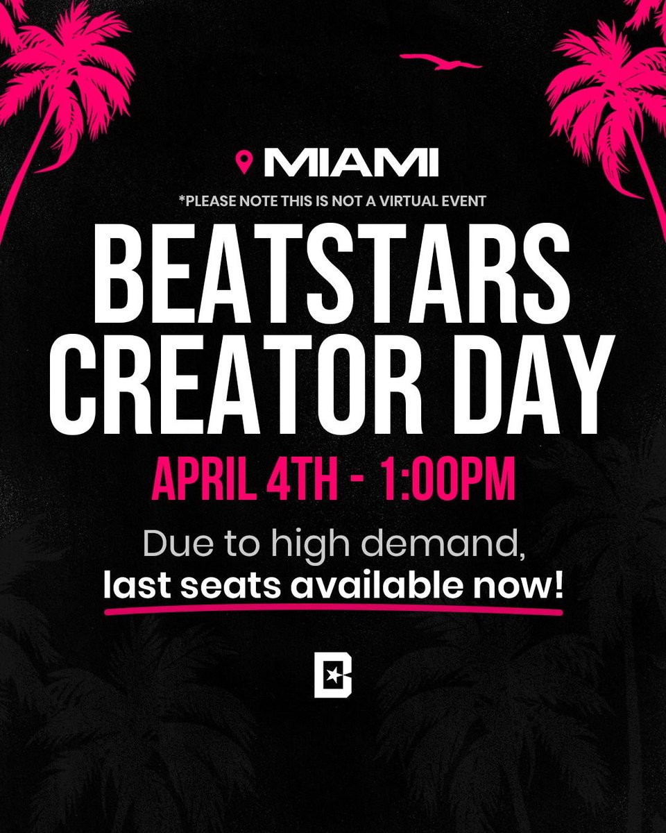 BeatStars's tweet photo. 🚨 Attention everyone looking to join us for BeatStars Creator Day in Miami: Tickets have almost completely sold out.

Don't miss your chance to learn key career strategies and network with industry leaders! 🔥 

Register now for FREE! 👇
https://t.co/B1KgBs2hu7