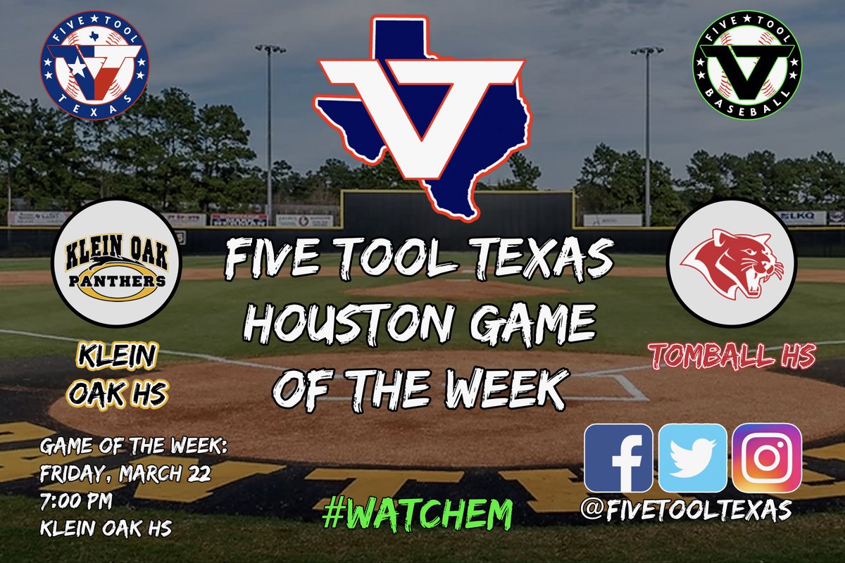 We will be at Klein Oak HS, 7:00 PM on Friday, March 22 for the… 🚨@FiveToolTexas Houston Game of the Week 🚨 Featuring: @Oak_baseball vs. @tomball_bsball #WatchEm