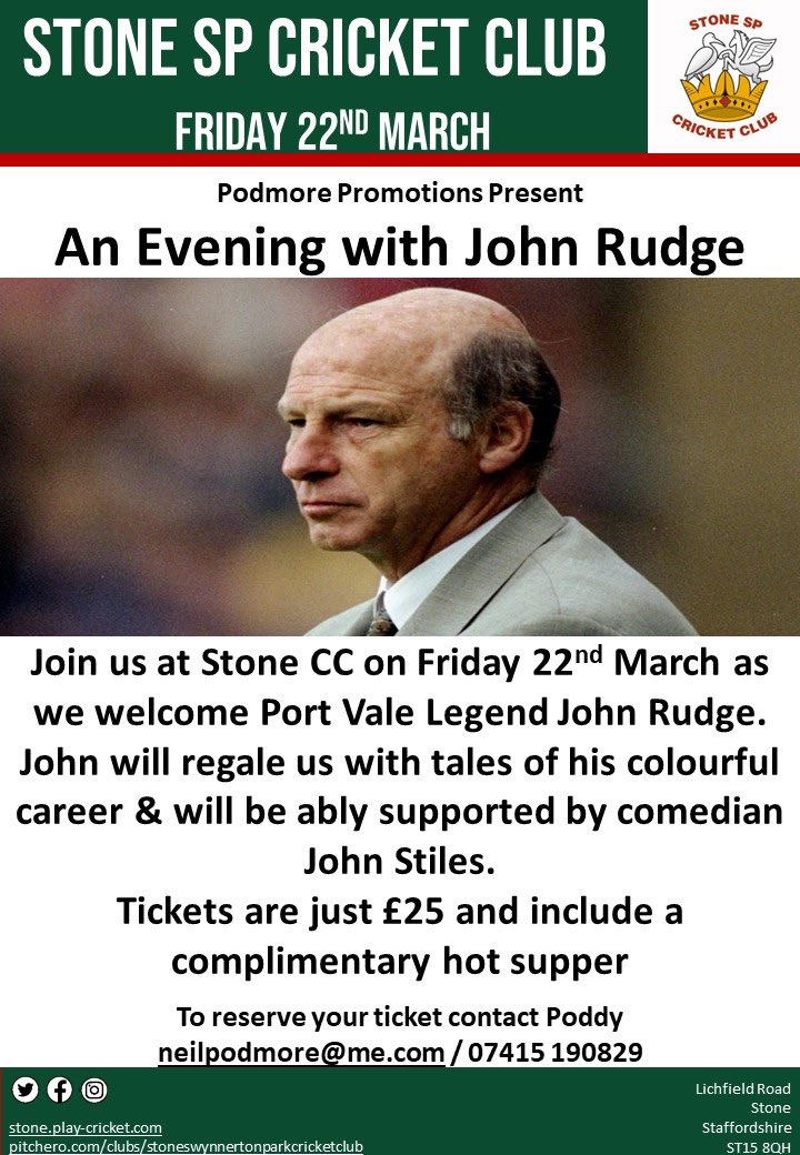 Running Order received form Podmore Promotions for Friday’s “Evening with John Rudge” as follows; Bar open from 5.00pm Rudgey arrives 7:15pm Food around 7.30pm Rudgey 8pm Break 9pm John Stiles 9:30pm Raffle 10:30pm We still have a few tickets available if anyone fancies it?
