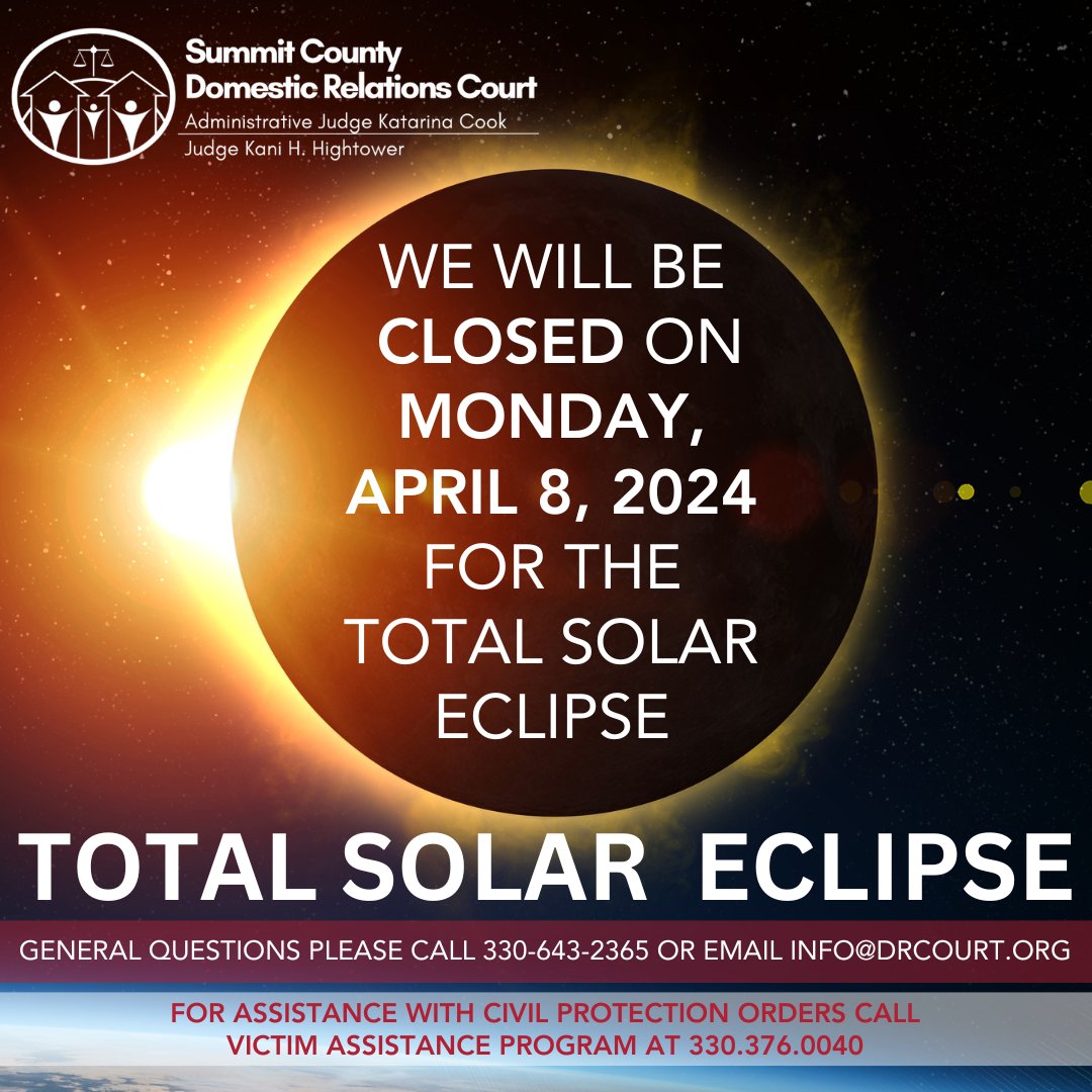 Summit County Domestic Relations Court will be closed on April 8th, 2024 for the Total Solar Eclipse. It is anticipated that heavy traffic and congestion is expected in the area due to the influx of visitors coming to witness the rare celestial event. drcourt.org/.../summit-cou…