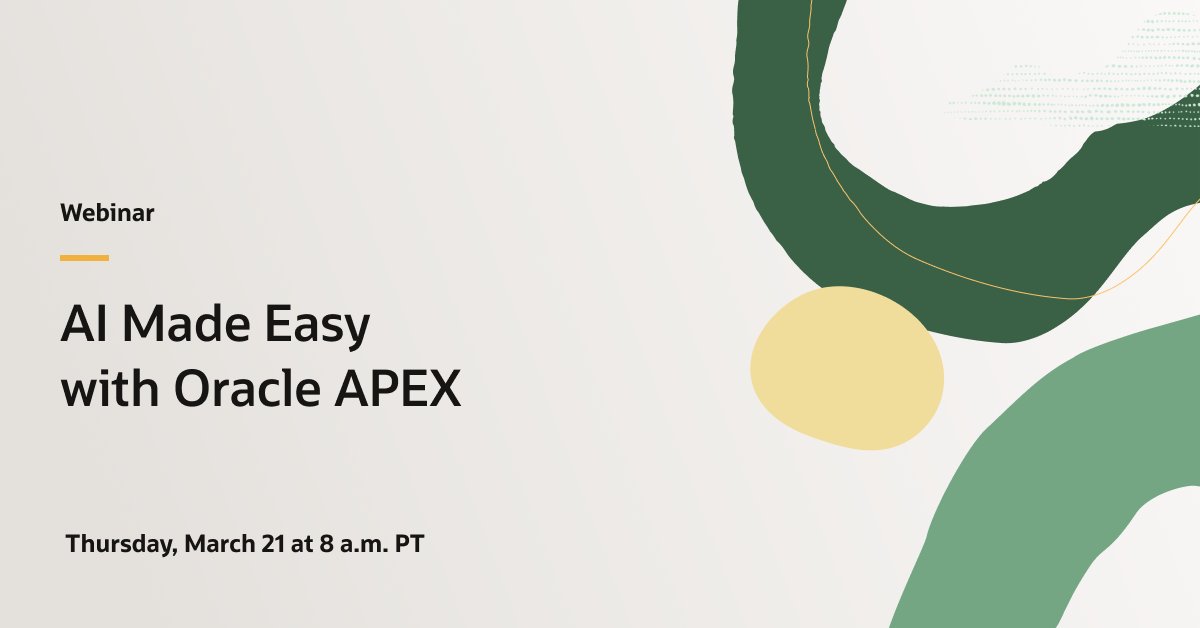 Tune in TOMORROW to learn how #APEX provides the ideal platform for quickly creating applications that make use of our latest #AI technology. social.ora.cl/6015kLBFX