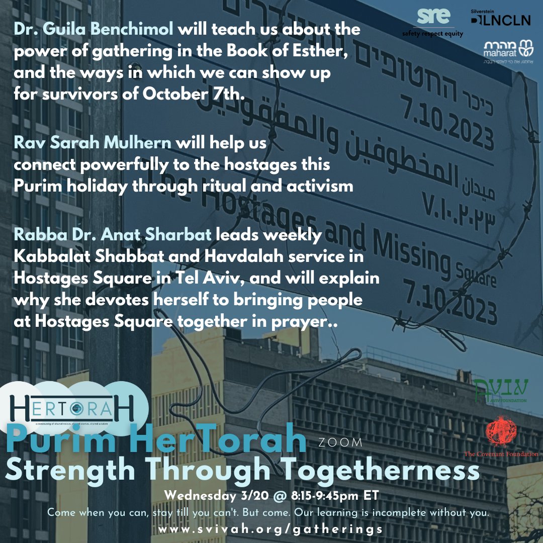 We can't walk into #Purim like normal. We're coming together to make this different &amp; bring us closer to hostages who are too far away. 3/20. W/Dr. <a href="/GuilaBen/">Guila Ben</a> Rav Sarah Mulhern, Rabba Anat Sharbat. Partnered w/<a href="/SRE_Network/">SRE Network</a>  <a href="/covenantfn/">Covenant Foundation</a> Maharat, Aviv Fdn, Silverstein Base LincolnPK
