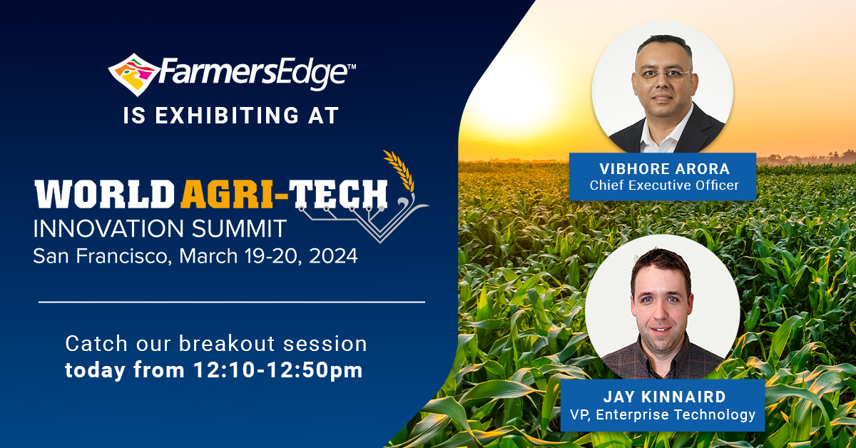 Today at the World Agri-Tech Innovation Summit join our CEO, Vibhore Arora, and VP of Enterprise Technology, Jay Kinnaird and learn how the company is providing tailored solutions to ag enterprises through valuable farm data. Join us from 12:10-12:50 pm PT at Nob Hill B.