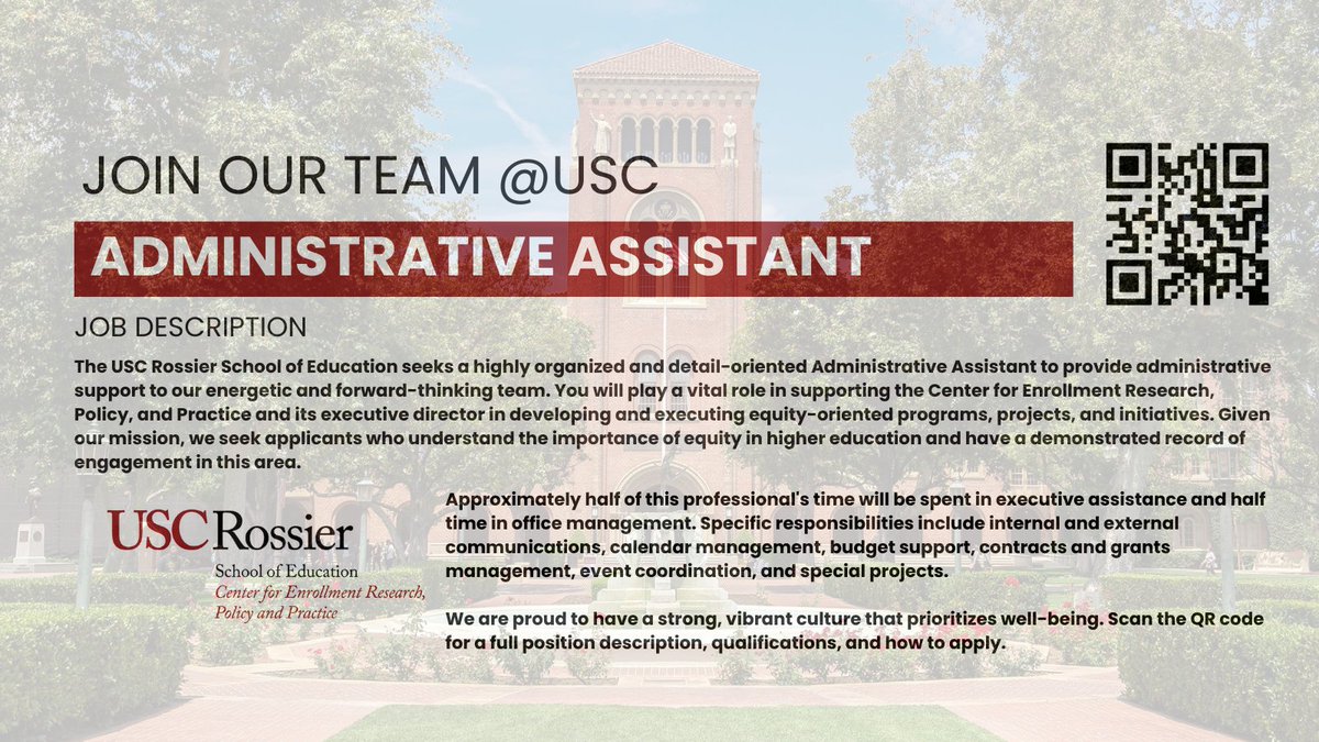 I'm excited to be hiring an administrative assistant to work directly with me and to support the @USCRossier Center for Enrollment, Research, Policy, and Practice. We're a vibrant, engaged, and diverse team. Please pass the word!