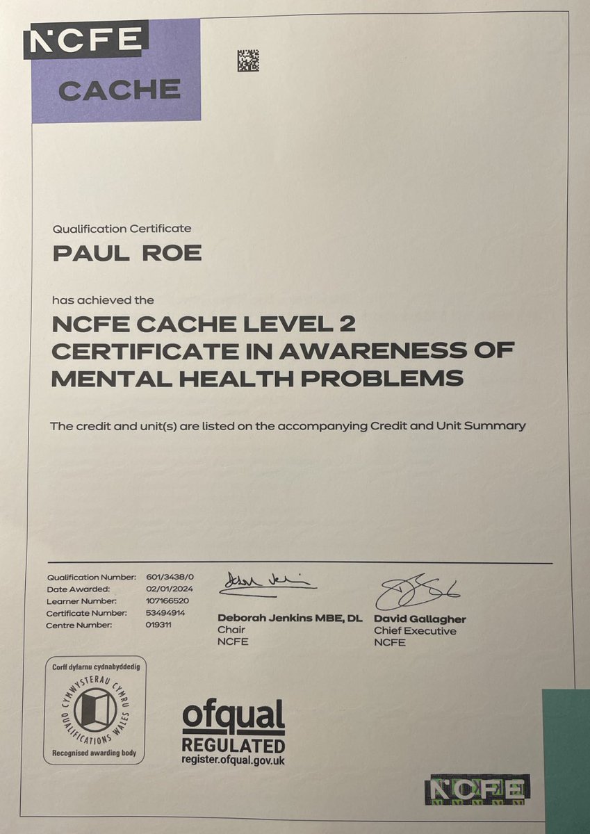 It’s never too late to enhance your skills, really proud to have been awarded NCFE CACHE LEVEL 2 CERTIFICATE IN AWARENESS OF MENTAL HEALTH PROBLEMS @Angelasamata @PCBenOnTheMend @Northern1770 @policecareuk @PTSD999 @Call4Backup