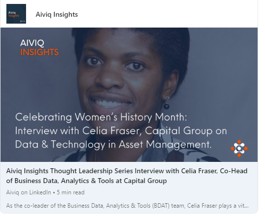 Delighted to be featured in @AlphaFMC
#Aiviqs #WomensHistoryMonth📷 interview. Always great to chat about #data, #tech, #diversity and #assetmanagement!

linkedin.com/posts/celiafra…