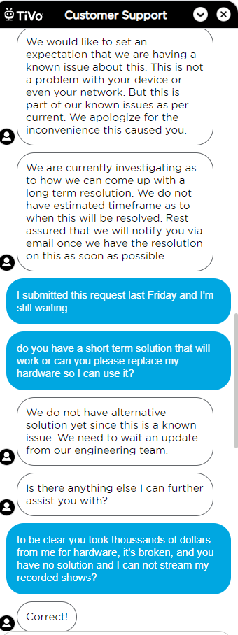BobMcNulty's tweet photo. what an embarrassment for @TiVo.   I submitted an online ticket last Friday, was told 1 business day for them to respond, still not response.  I reached back out..... #Tivo #HorribleCustomerService https://t.co/tTzD53BaIW