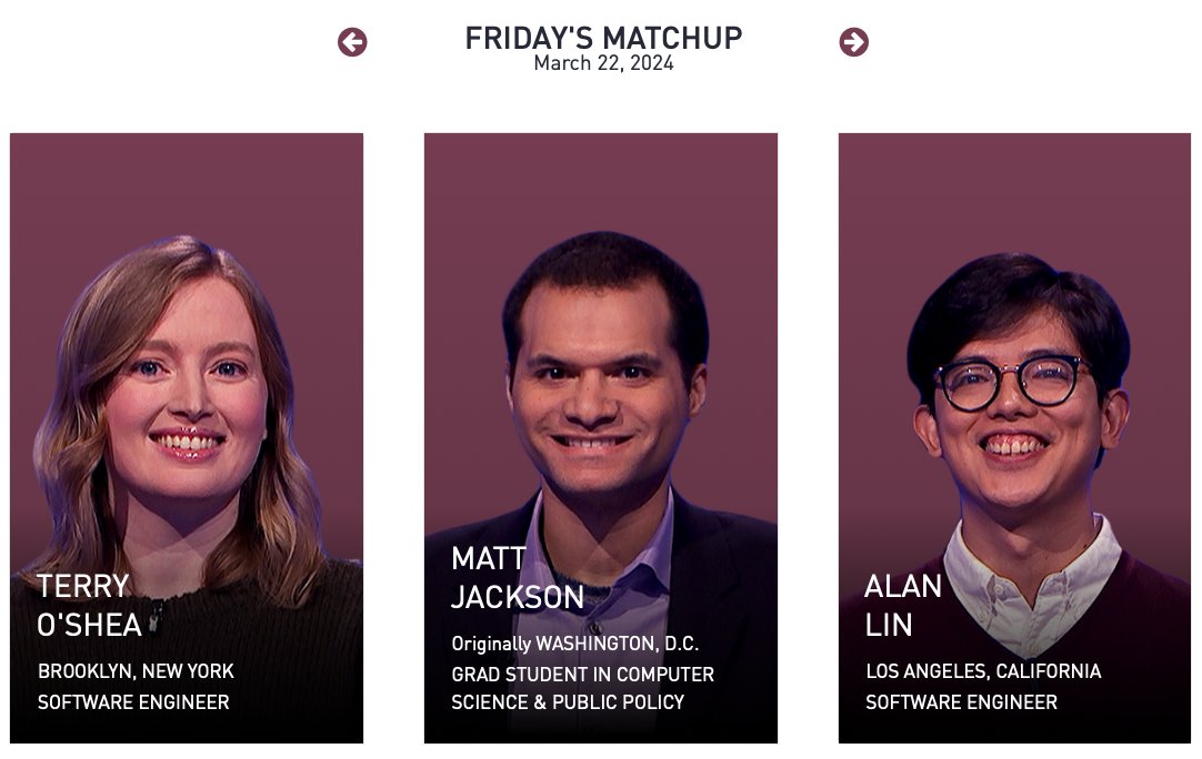 Technomonk3000's tweet photo. My quarterfinal episode for the #Jeopardy Invitational Tournament will be on this Friday!

Fun fact: between the three of us, this quarterfinal matchup is on average the youngest, the shortest, and the most full of present and future software engineers. https://t.co/Po34wxbHQl