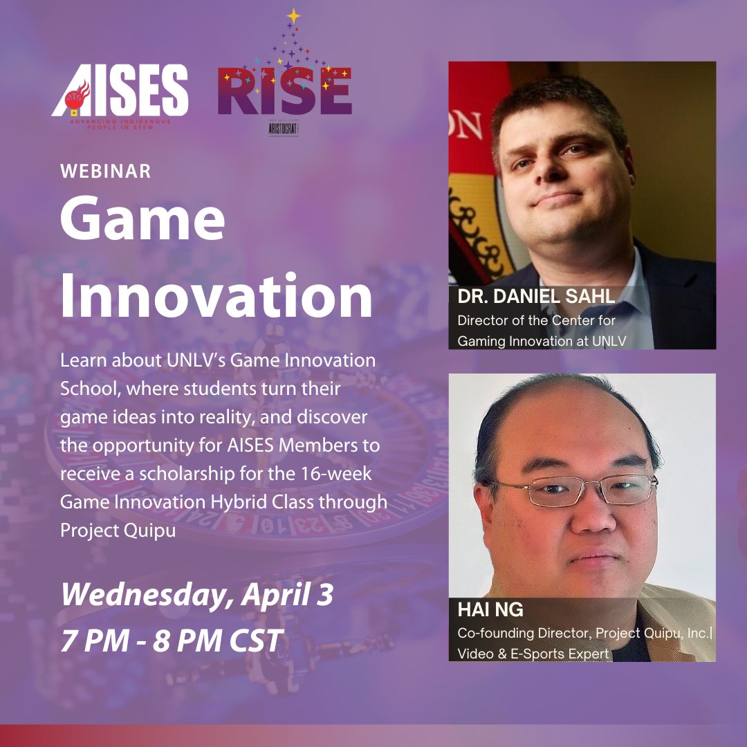🎰 Ready to hit the 'jackpot' on your career path? Don't miss our RISE Webinar Series: Gaming Careers 101! 🚀 Tune in with AISES for a thrilling exploration of STEM opportunities in the casino gaming industry 💼🎮 Register in the link in our bio!