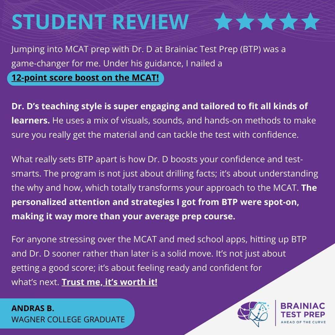brain_test_prep's tweet image. 🌟 STUDENT REVIEW 🌟

I'm dedicated to empowering students in their MCAT preparation. With personalized strategies, I guide students to gain the confidence and skills needed to excel on the exam. 💪

🧠💡Ready to boost your MCAT prep? Visit buff.ly/3x3eTuN to learn more.