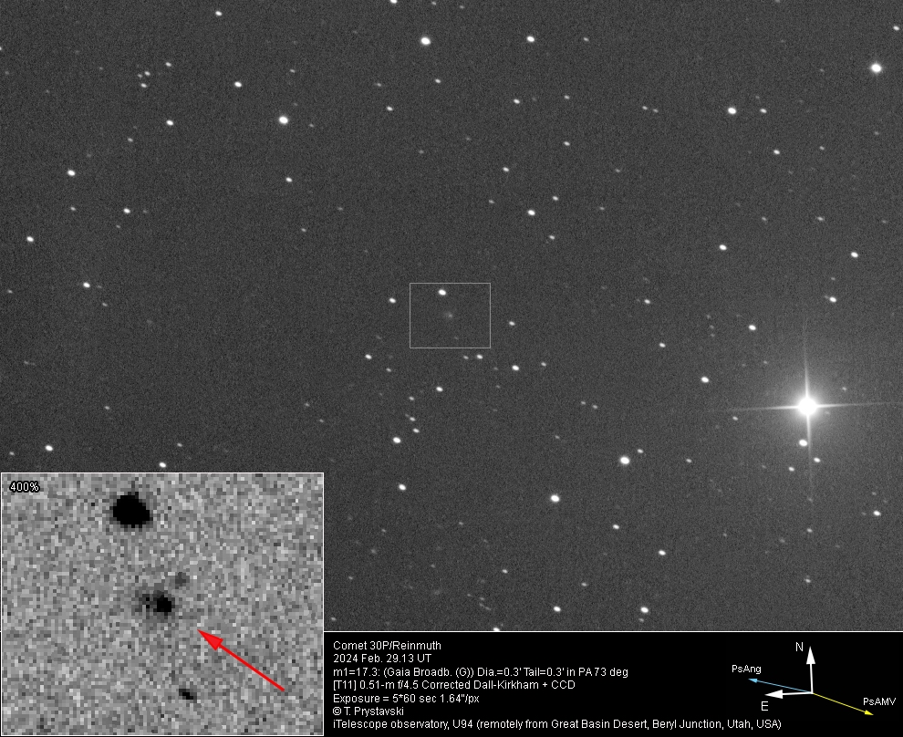 Comet 30P/Reinmuth 2024 Feb. 29.13 UT m1=17.3: Dia.=0.3' Tail=0.3' in PA 73 deg... [T11] 0.51-m f/4.5 Corrected Dall-Kirkham + CCD... T. Prystavski... iTelescope observatory, U94 (remotely from Great Basin Desert, Beryl Junction, Utah, USA)