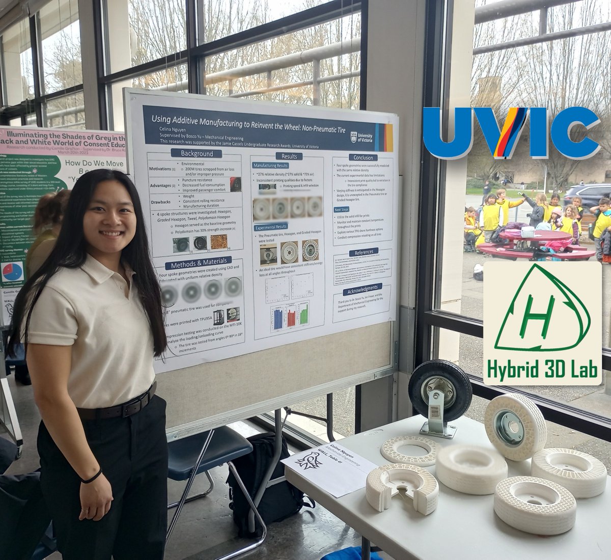 Congrats to Celina Nguyen from our group (Hybrid 3D lab) for receiving the JCURA research award @MechanicalUvic. She is presenting her work, 'Nature Inspired Additive Manufactured Architected Airless Tyre,' today at the JCURA fair. #additivemanufacturing #architectedmaterials