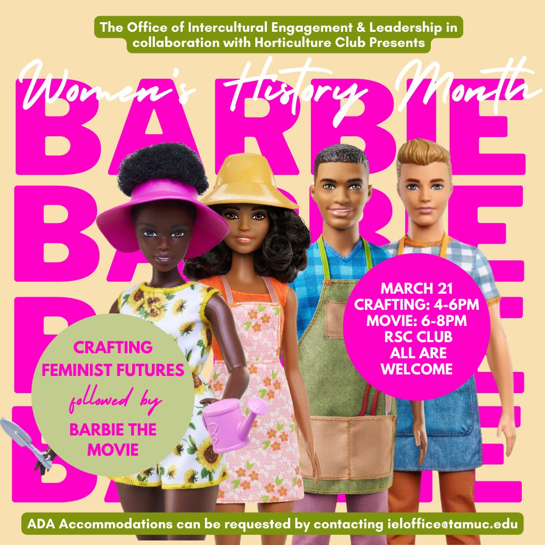 🎀 After crafting our feminist futures, it's Barbie time! From 6pm-8pm, immerse yourself in the PINK-tastic world of Barbie as we embrace all things pink! #BarbieMovieNight #PinkPower #WomensHistoryMonth