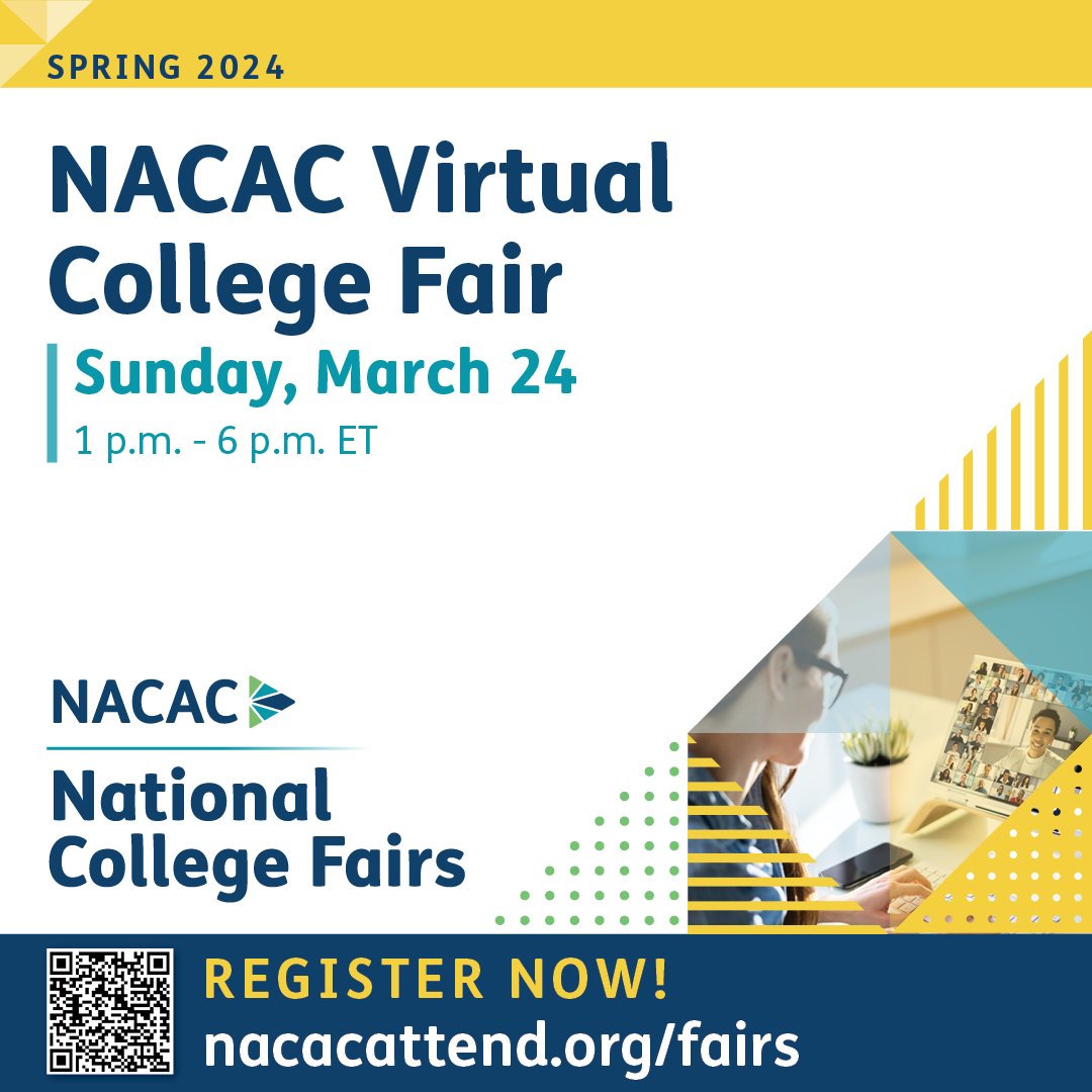 #NACAC virtual college fairs offer a dynamic digital meeting space for connecting students and families with colleges and universities. Join us on Sunday, March 24! Register at nacacattend.org/fairs #collegefairs