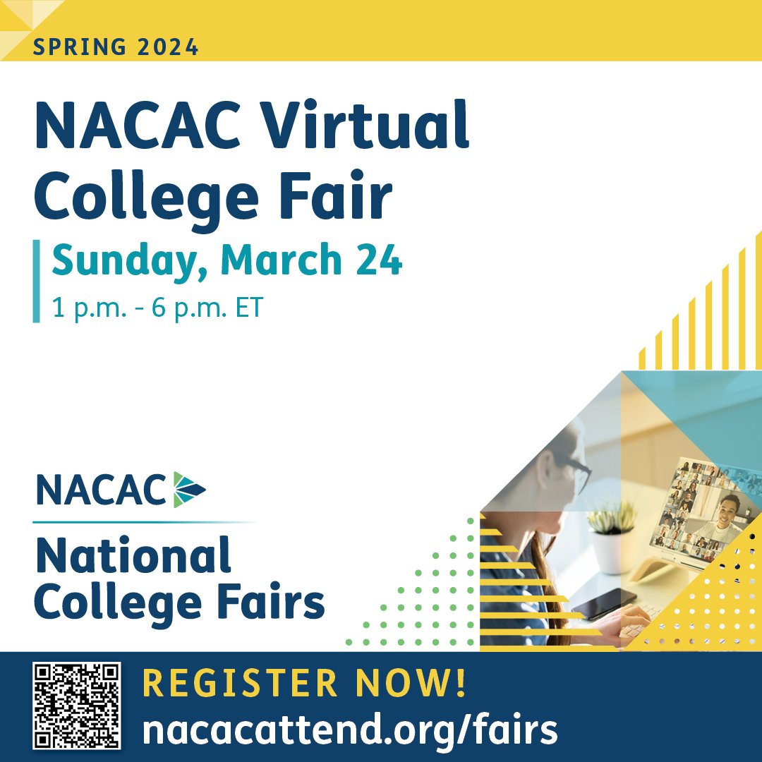 #NACAC virtual college fairs offer a dynamic digital meeting space for connecting students and families with colleges and universities. Join us on Sunday, March 24!  Register at nacacattend.org/fairs #collegefairs