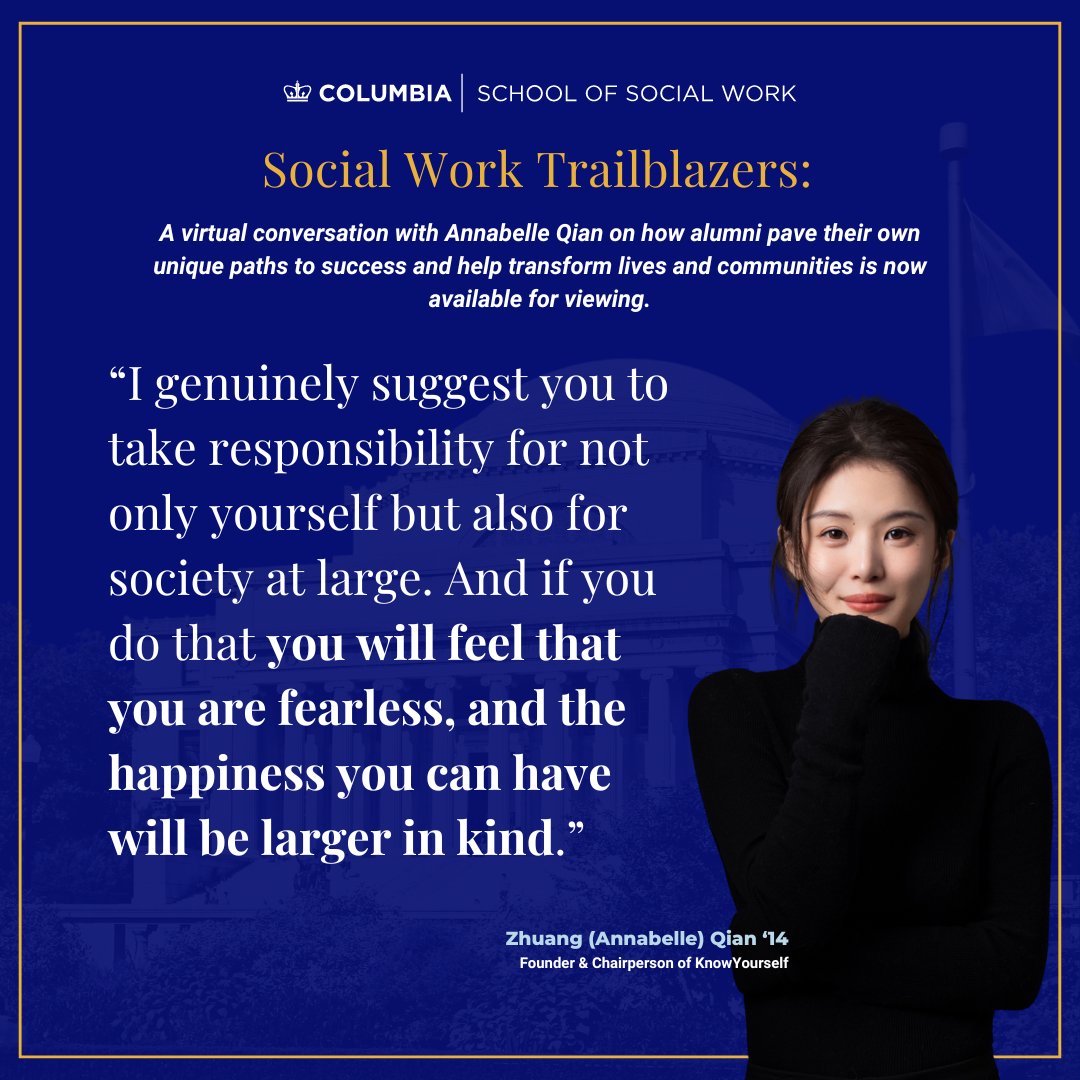 ColumbiaSocialWork (@columbiassw) on Twitter photo As we continue to honor #SocialWorkAwarenessMonth and #Women'sHistoryMonth, we are excited to share the recording of an insightful discussion with #CSSW alumna Zhuang (Annabelle) Qian, Dean Melissa Begg, and Professor Qin Gao <a href="/gaoqin505/">Dr. Qin Gao</a>. Head to our #linkinbio to watch now! As we continue to honor #SocialWorkAwarenessMonth and #Women'sHistoryMonth, we are excited to share the recording of an insightful discussion with #CSSW alumna Zhuang (Annabelle) Qian, Dean Melissa Begg, and Professor Qin Gao <a href="/gaoqin505/">Dr. Qin Gao</a>. Head to our #linkinbio to watch now!