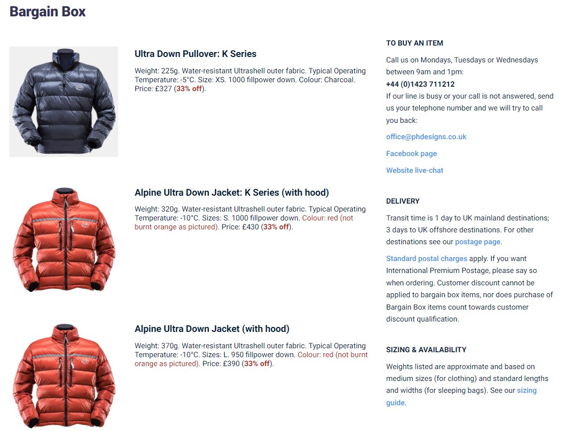We've just re-filled our Bargain Box with dozens of down jackets, pullovers & vests. @PrimaLoft jackets & vests too. All at a 33% discount. Because these items are already made, they'll be dispatched within a few days. Take a look at what's on offer: phdesigns.co.uk/bargain-box