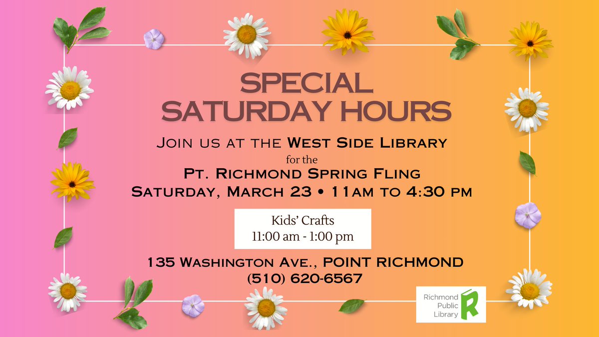 KCRTTelevision's tweet image. Celebrate Spring Fling with kids’ crafts, egg hunt and more at West Side Branch Library from 11AM to 1PM on March 23, 2024 

135 Washington Ave.
Library opens 11 to 4:30 PM

#WestsideLibrary #SpringFling #PointRichmond #RichmondPublicLibrary #RichmondCA #Richmond #event #Datanet