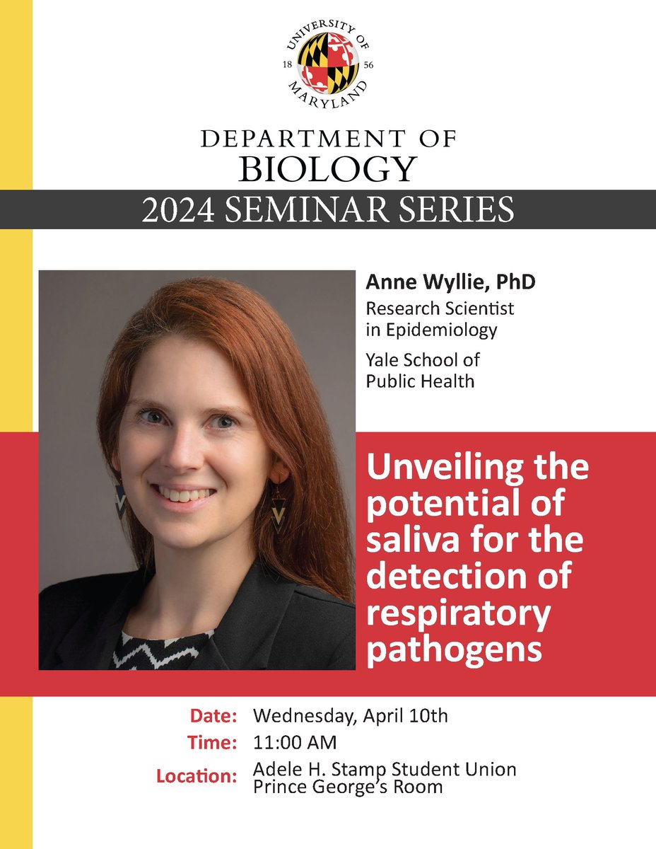 Looking forward to Dr. Anne Wyllie (aka @awyllie13) visit to @UMDscience and her Biology seminar on April 10th at 11am in the Prince George's room of Stamp: 'Unveiling the potential of saliva for the detection of respiratory pathogens.'