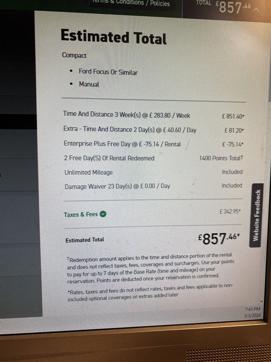 PRALLST's tweet image. When renting from @EnterpriseWay @enterprisecares with points. Always make sure the cash price isn’t cheaper than paying without points. In this case my 2 free days cost 10 GBP more.