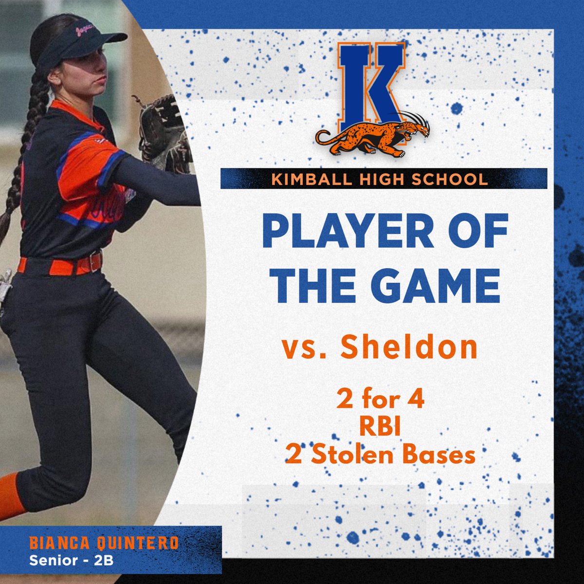 KimballSoftball's tweet photo. Kimball’s Player of the Game vs Sheldon is Bianca Quintero! @B_Quintero2024 #oneTEAMoneDREAM  #jagssoftball2024 https://t.co/YDKU4j6PQI